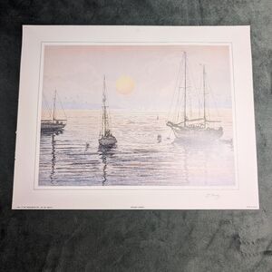Nautical Art G. Hardy Signed Print "Evening Harbor" yacht sailboat ocean framed